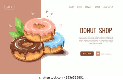 Website-Design für Donut Shop, Bäckerei, Konditorei mit einer Auswahl von drei glasierten Donuts. Ideal für den Einsatz auf Konditorei-Websites, Restaurant-Branding und Dessert Werbematerialien.