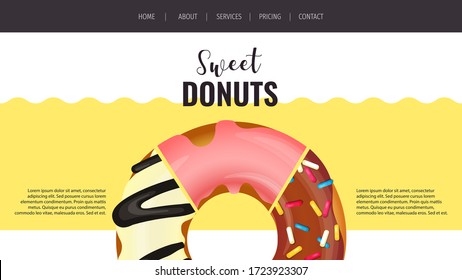 Website design for Donut Shop, Sweet products, Bakery, Confectionery, Dessert. Donut pieces with various toppings. A4 vector illustration for poster, banner, flyer, commercial, website. 