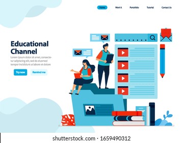 website design of educational video channel. collect and organize learning videos to the subscribe folder. Flat illustration for landing page template, ui ux, website, mobile app, flyer, brochure, ads