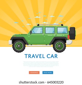 Website design with extreme travel car. Off road 4x4 auto vehicle, modern suv car on blue striped background banner. Auto business, sale or rent transport online service vector illustration concept