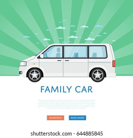 Website design with family minivan. Comfortable minibus on green striped background, modern auto vehicle banner. Auto business, sale or rent transport online service vector illustration concept.