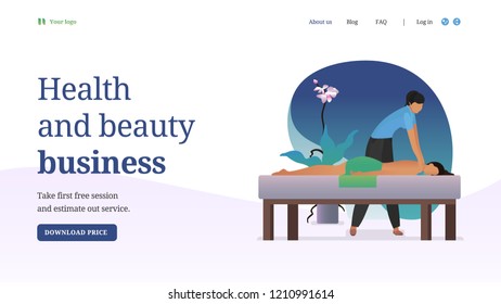 Website design in flat style. Healthy and beauty business. Woman therapist and woman customer. Deep massage. Vector illustration