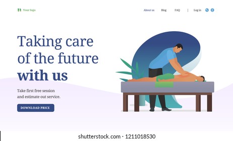 Website design in flat style. Healthy and beauty business. Man therapist and man clustomer. Vector illustration