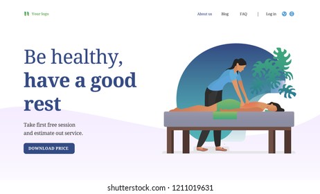 Website design in flat style. Healthy and beauty business. Woman therapist and woman clustomer. Vector illustration