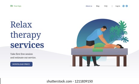 Website design in flat style. Healthy and beauty business. Man therapist and woman clustomer. Vector illustration