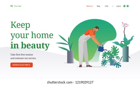 Website design in flat style. Home care and beauty business. Man gardener and defferent plants. Vector illustration