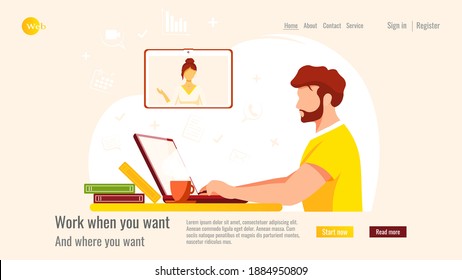 Diseño del sitio web. Hombre independiente trabajando en laptop y charlando. Hogar, freelance, concepto de estudio. Ilustración vectorial para afiches, banner, desarrollo de sitios web.