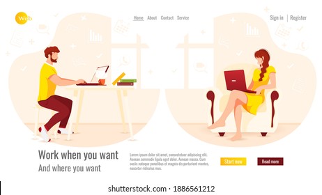 Website design. Freelancers man and woman working on laptops. Home office, freelance, studying concept. Isolated vector illustration for poster, banner, website development.