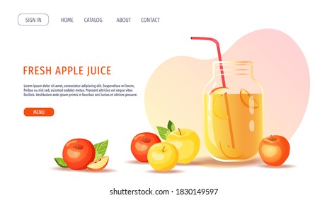 Website design for Fresh juice, Cider, Fruits, Compote, Natural food, Healthy eating, Drink concept. Juice jar with apples. Vector illustration for poster, menu, banner, web page.