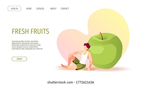 Website design with green apple and tiny man. Healthy eating, Organic food, Dessert, Diet, Fresh fruit, Online food ordering concept. Vector illustration for poster, banner, cover.