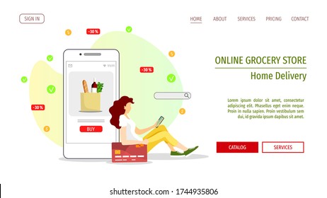 Website design for Grocery store, Online Market, Home delivery, Shopping. Young woman choosing and ordering food in a mobile app. Vector illustration for poster, banner, website, flyer, commercial.