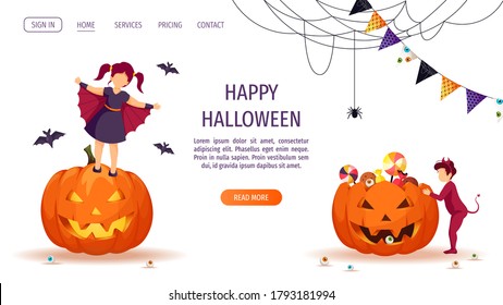 Website design for Halloween with children dressed in costumes of imp and bat around scary pumpkins with candies. Webs and spider. Vector illustration for poster, banner, flyer, web page.