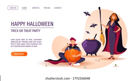 Website design for Halloween with people dressed in scary costumes. Witch with broom and cauldron, man with pumpkin, bats. Vector illustration for poster, banner, website, invitation.