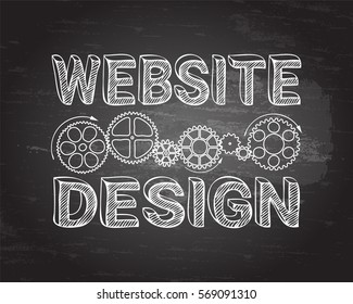 Website design in hand drawn letters with gear wheels on blackboard background