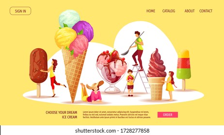 Website Design For Ice Cream Parlor Or Shop, Sweet Products, Dessert. Set Of Various Ice Cream With Tiny People. Vector Illustration For Poster, Banner, Website, Commercial, Menu. 