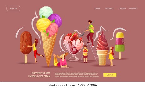 Website Design For Ice Cream Parlor Or Shop, Sweet Products, Dessert. Set Of Various Ice Cream With Tiny People. Vector Illustration For Poster, Banner, Website, Advertising, Menu. 