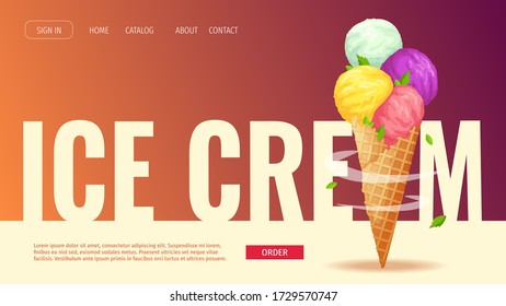 Website design for Ice cream parlor or shop, Sweet products, Dessert. Ice cream cone with various scoops. Vector illustration for poster, banner, website, commercial, menu, flyer. 