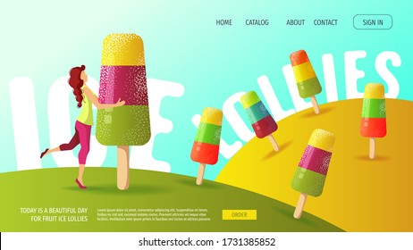 Website design for Ice cream parlor, Sweet products, Dessert, Summer. Woman and fruit ice lollies. Vector illustration for poster, banner, website, commercial, menu, advertising. 
