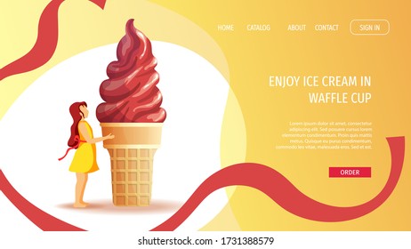 Diseño de sitio web para heladería, productos dulces, postre, verano. Niña y helado en una taza de gofre. Ilustración vectorial para afiches, banner, sitio web, comercial, menú, publicidad. 
