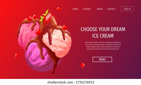 Diseño de sitio web para heladería o tienda, productos dulces, postre. Solomillo de helados con varios sabores y bayas. Ilustración vectorial para afiche, banner, sitio web, comercial, menú, volante. 