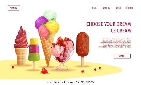 Website design for Ice cream parlor or shop, Sweet products, Dessert. Set of various ice cream. Vector illustration for poster, banner, website, advertising, flyer, menu. 