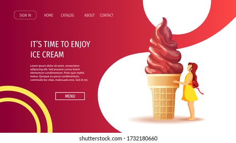 Website design for Ice cream parlor, Sweet products, Dessert, Summer. Little girl and ice cream in waffle cup. Vector illustration for poster, banner, website, commercial, menu, flyer. 