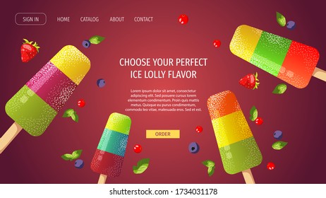 Website design for Ice cream parlor or shop, Sweet products, Dessert, Summer. Fruit ice lollies with various flavor. Vector illustration for poster, banner, website, commercial, menu, flyer. 