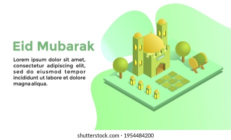 Website design with isometric decoration of the mosque in green and yellow colors which is very elegant and calm. suitable for welcoming the holy day of ramadan. Happy Eid Mubarak to Muslims.