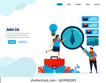 website design of join us, hiring and refer a friend program. recruitment announcements and job openings. Flat illustration for landing page template, ui ux, website, mobile app, flyer, brochure