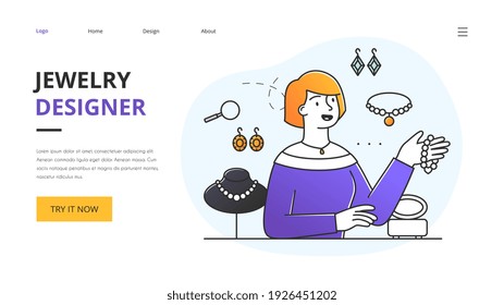 Website design for a landing page for a jewellery designer holding up a bracelet in a store with displays of gemstones, earrings and necklaces, colored vector illustration