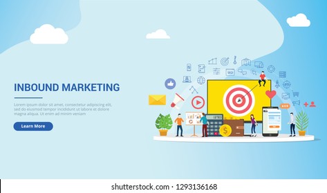 website design landing page ui ux for inbound marketing concept strategy team working together with big screen goals and graph chart and icon spread - vector illustration