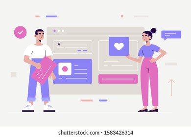 website design or landing web page,Internet marketing. digital advertisement. male and female marketers characters