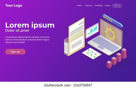 website design with laptop illustration themes, office documents