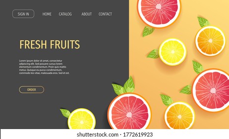 Diseño de sitios web con Lemons, Naranjas, Grapefruits. Detox, cítricos, frutas, vitamina, alimentos orgánicos, concepto de alimentación saludable. Ilustración vectorial para menú café, portada, volante, banner, afiche.