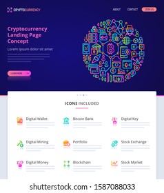 Website design, logo, header illustration and icons related to blockchain and cryptocurrency. Landing page graphical user interface. Clean home page template and vector graphic element set.  (EPS10)