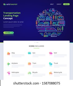Website design, logo, header illustration and icons related to transportation. Landing page graphical user interface. Clean home page template and vector graphic element set.  (EPS10)