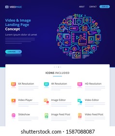 Website design, logo, header illustration and icons related to video & image. Landing page graphical user interface. Clean home page template and vector graphic element set.  (EPS10)