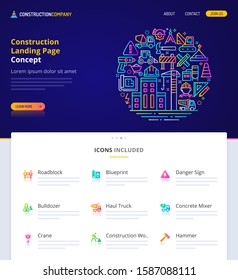Website design, logo, header illustration and icons related to construction. Landing page graphical user interface. Clean home page template and vector graphic element set.  (EPS10)