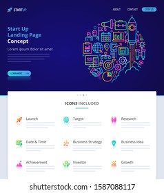 Website design, logo, header illustration and icons related to startup . Landing page graphical user interface. Clean home page template and vector graphic element set.  (EPS10)