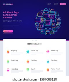 Website design, logo, header illustration and icons related to bags. Landing page graphical user interface. Clean home page template and vector graphic element set.  (EPS10)