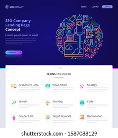 Website design, logo, header illustration and icons related to search engine optimization (SEO). Landing page graphical user interface. Clean home page template & vector graphic element set.  (EPS10)