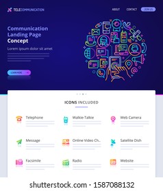 Diseño de Sitio web, logotipo, ilustración de cabecera e íconos relacionados con la comunicación. Interfaz gráfica de usuario de la página de destino. Limpie la Plantilla de la página de inicio y el conjunto de elementos gráficos de Vector.  EPS10)