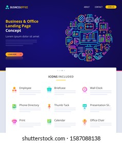 Website design, logo, header illustration and icons related to business and office. Landing page graphical user interface. Clean home page template and vector graphic element set.  (EPS10)