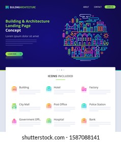 Website design, logo, header illustration and icons related to building and architecture. Landing page graphical user interface. Clean home page template and vector graphic element set.  (EPS10)