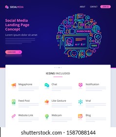 Website design, logo, header illustration and icons related to social media. Landing page graphical user interface. Clean home page template and vector graphic element set.  (EPS10)