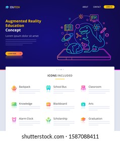 Website design, logo, header illustration and icons related to augmented reality in education. Landing page graphical user interface. Clean home page template and vector graphic element set. (EPS10).