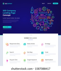 Website design, logo, header illustration and icons related to search engine optimization (SEO). Landing page graphical user interface. Clean home page template and vector graphic element set. (EPS10)
