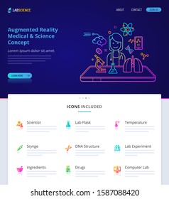 Website design, logo, header illustration and icons related to augmented reality in medical & science. Landing page graphical user interface - home page template & vector graphic element set. (EPS10)