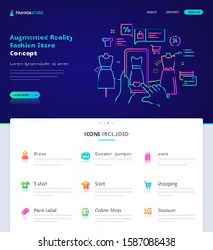 Website design, logo, header illustration and icons related to augmented reality in fashion store. Landing page graphical user interface. Clean home page template & vector graphic element set. (EPS10)