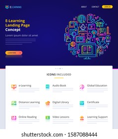 Website design, logo, header illustration and icons related to e-learning and online education. Landing page graphical user interface. Clean home page template and vector graphic element set.  (EPS10)